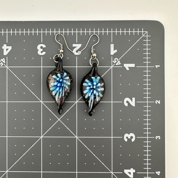 Artisan Lampwork Glass Teardrop Floral Dangle Earrings Black Blue Gold 2" - Picture 7 of 12